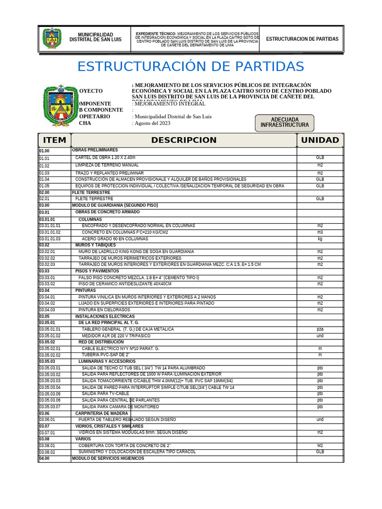 Estructuración de Partidas para Proyecto Municipal | PDF | Hormigón ...