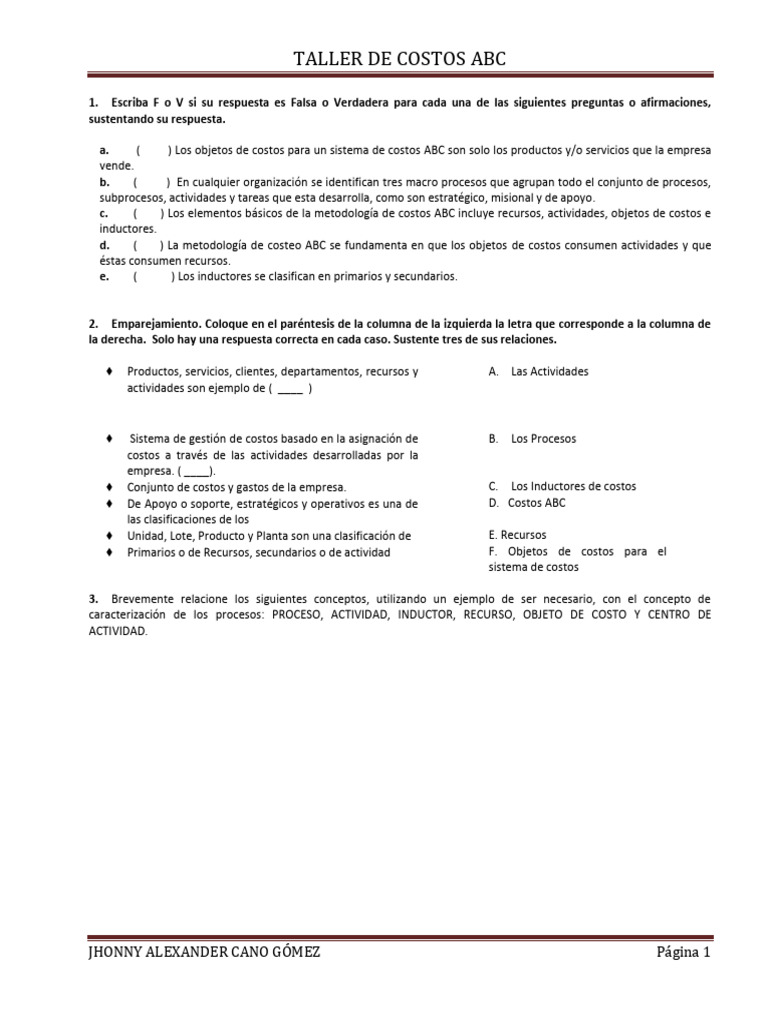 Taller de Costos ABC: Análisis y Cálculos | PDF | Business | Economias