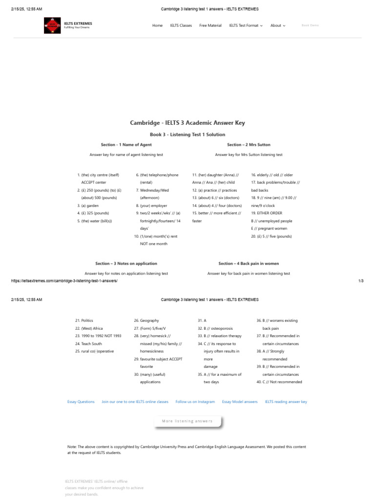 Cambridge 3 Listening Test 1 Answers - IELTS EXTREMES | PDF ...