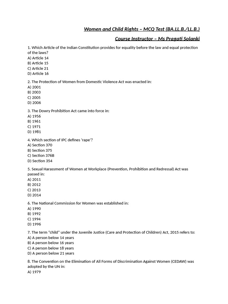 Women and Child Rights MCQ Test | PDF | Children's Rights | Convention ...
