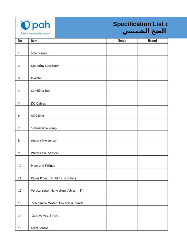 Solar Pumping System - Annex3 Specification List | PDF