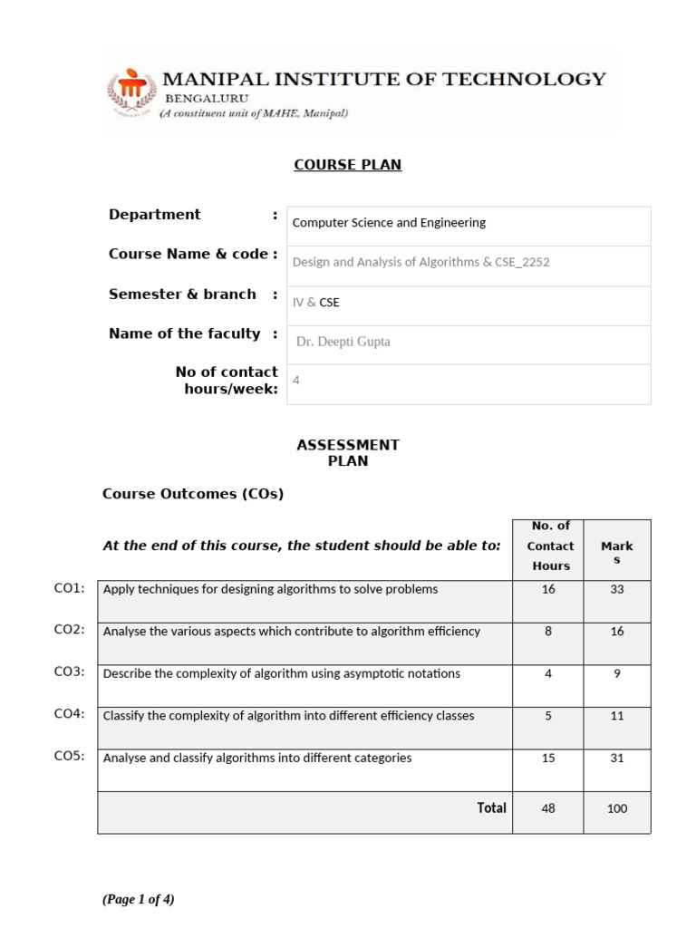 Design and Analysis of Algorithms Course Plan | PDF | Computer Science ...