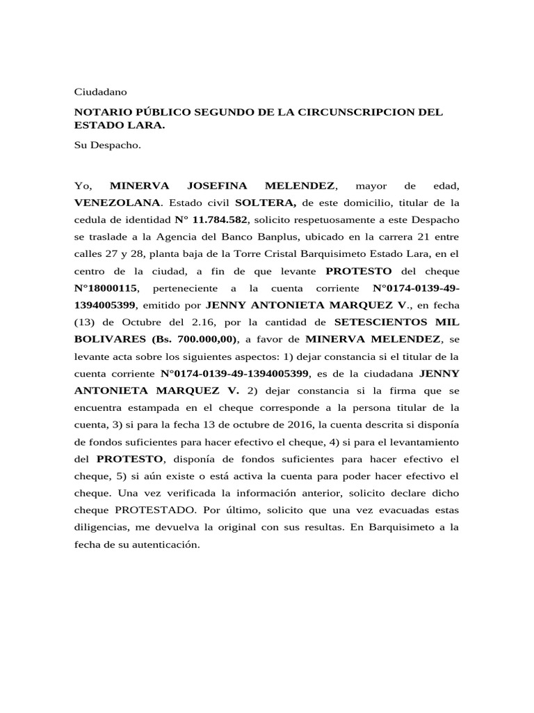 Solicitud de Protesto de Cheque en Lara | PDF