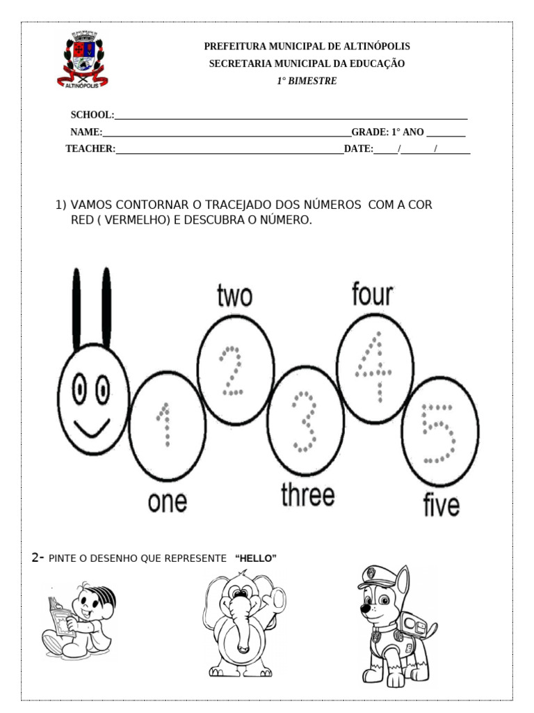 Atividades de Inglês para 1° Ano | PDF