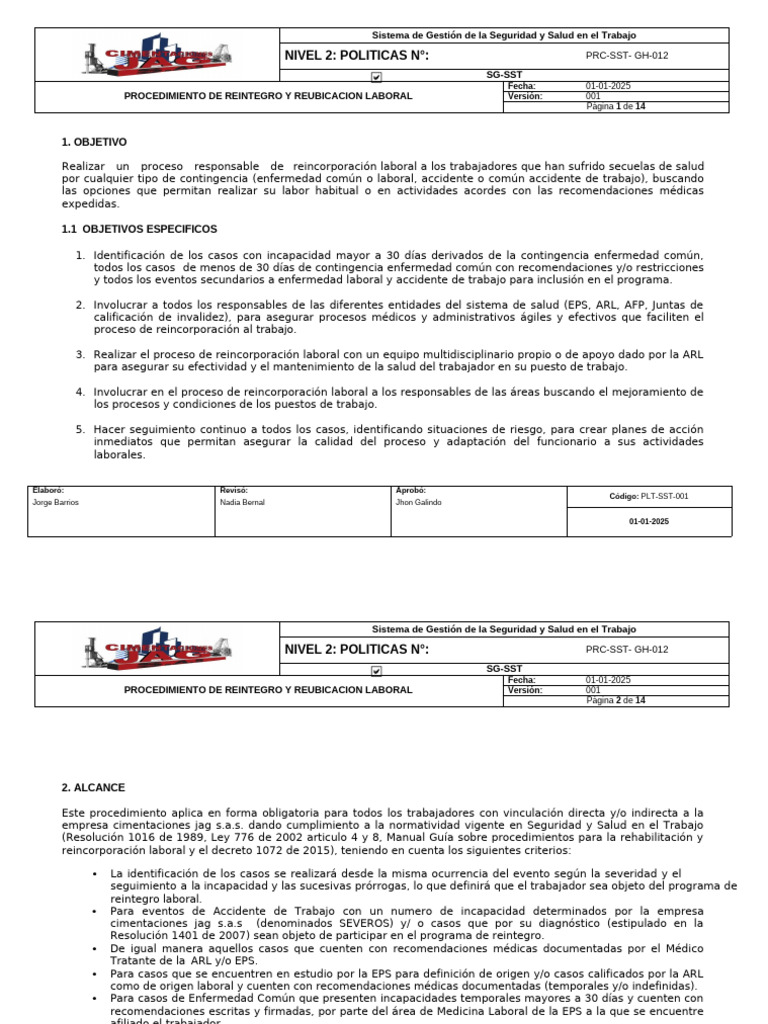 Procedimiento de Reintegro Laboral SG-SST | PDF | Seguridad y salud ...