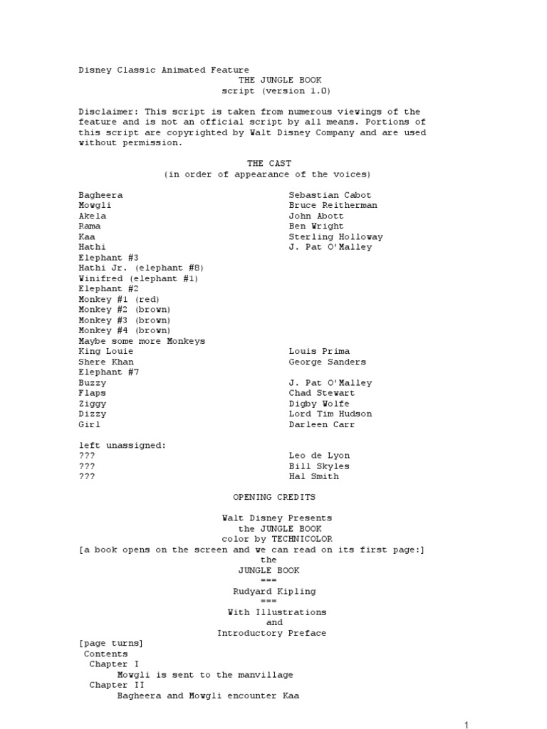 Disney Classic Animated Feature The Jungle Book Script Baloo