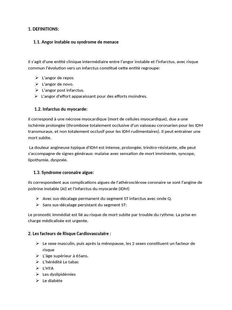 Angor Instable : Définitions et Risques | PDF | Infarctus du myocarde ...