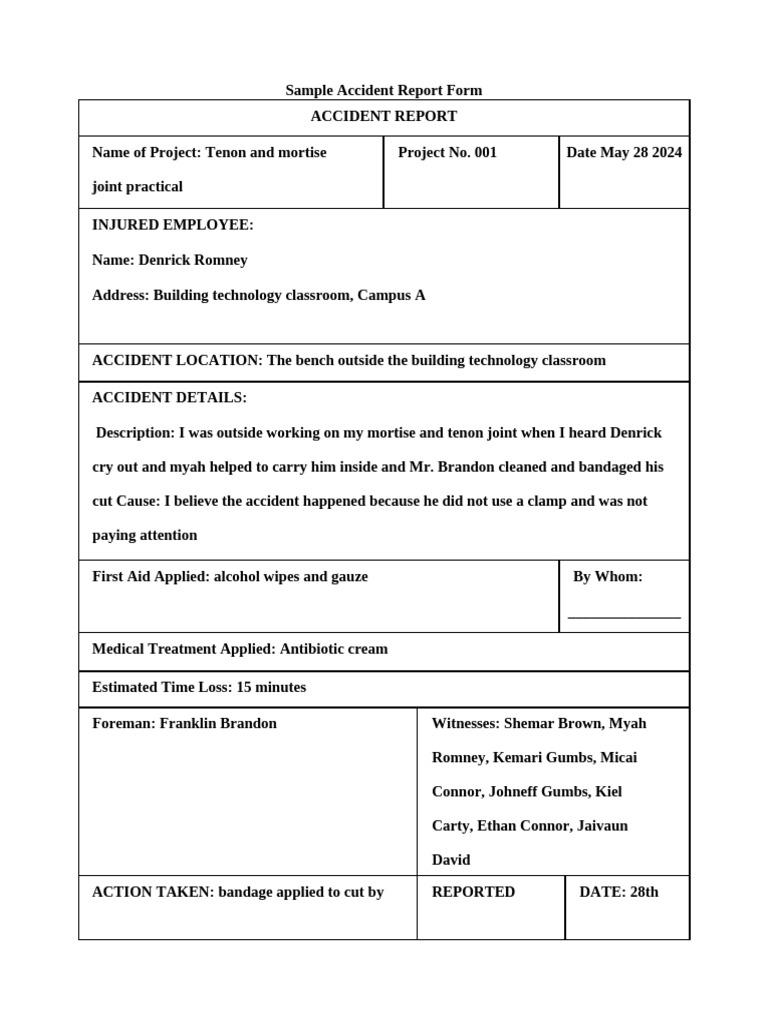 Accident Report: Tenon Joint Injury | PDF