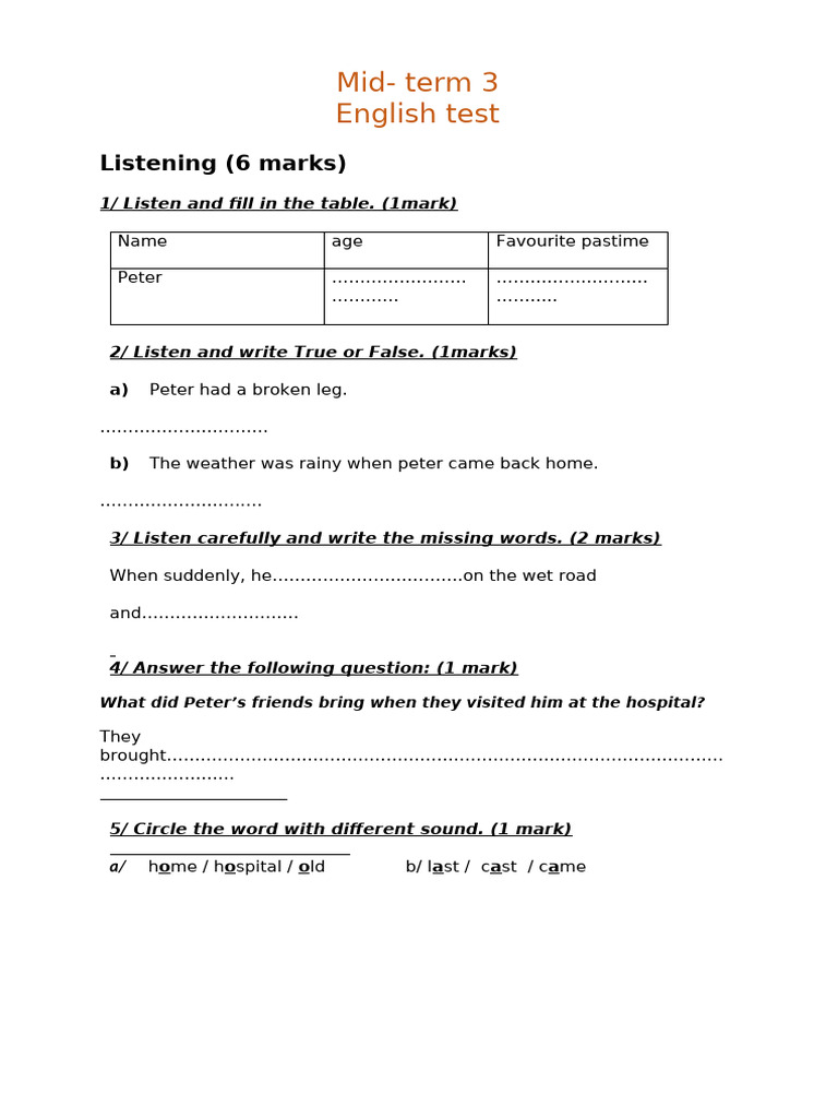 Listening 7th Form Peter Had A Broken Arm | PDF