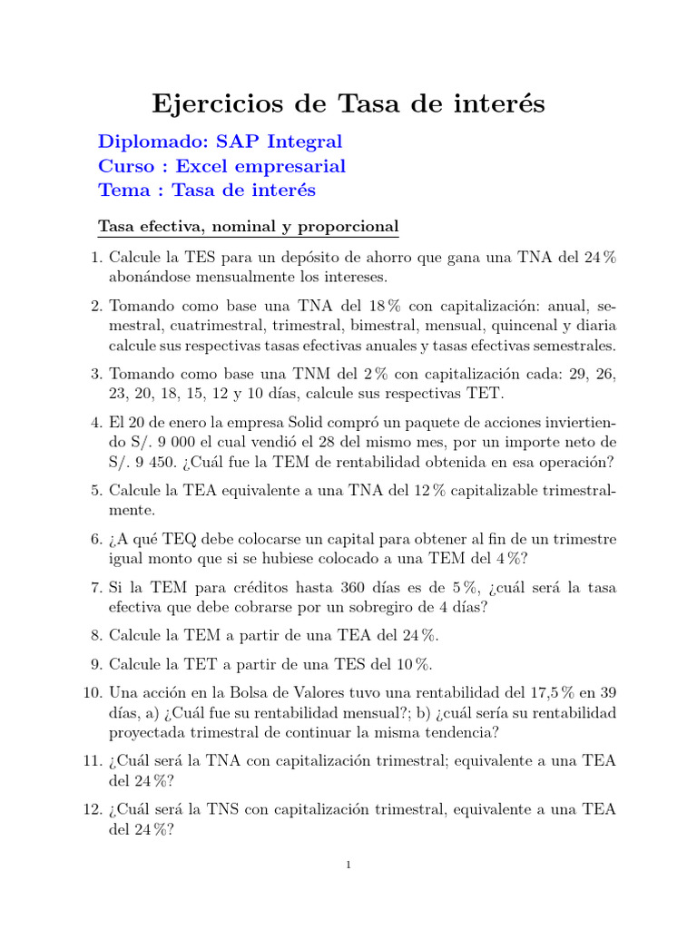 Ejercicios de Tasa de Interés en Excel | PDF | Interés | Bancos