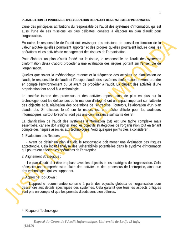 Planification de l'Audit des SI | PDF | Audit | Risque