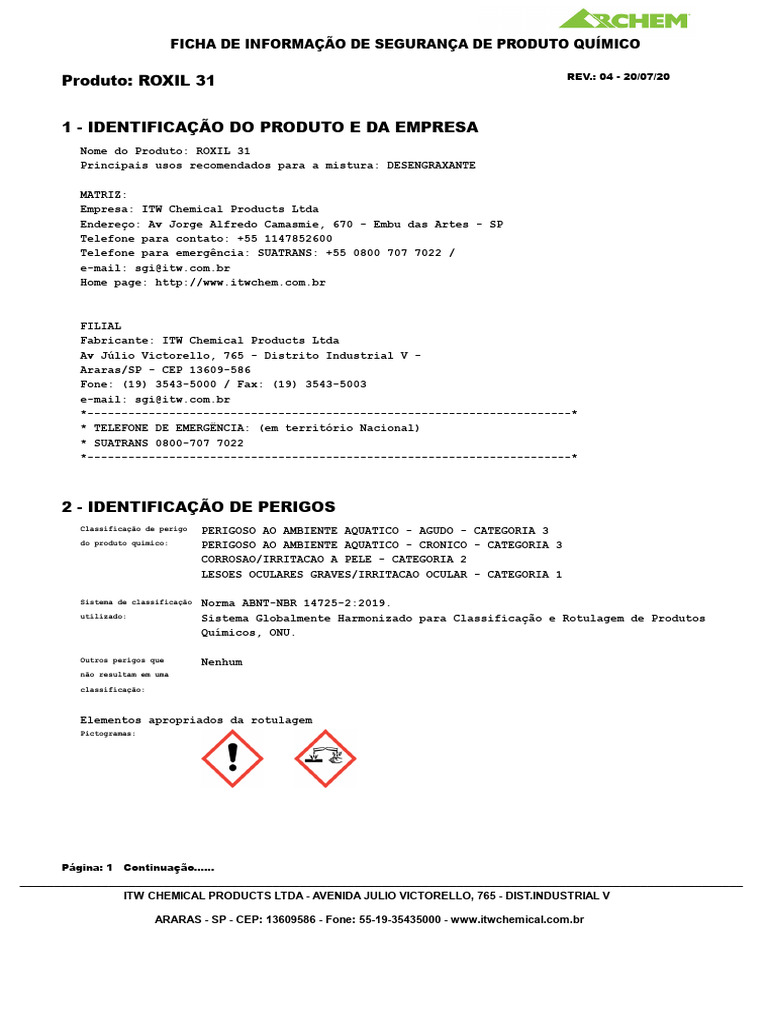 Ficha de Segurança do Roxil 31 | PDF | Desperdício | Transporte