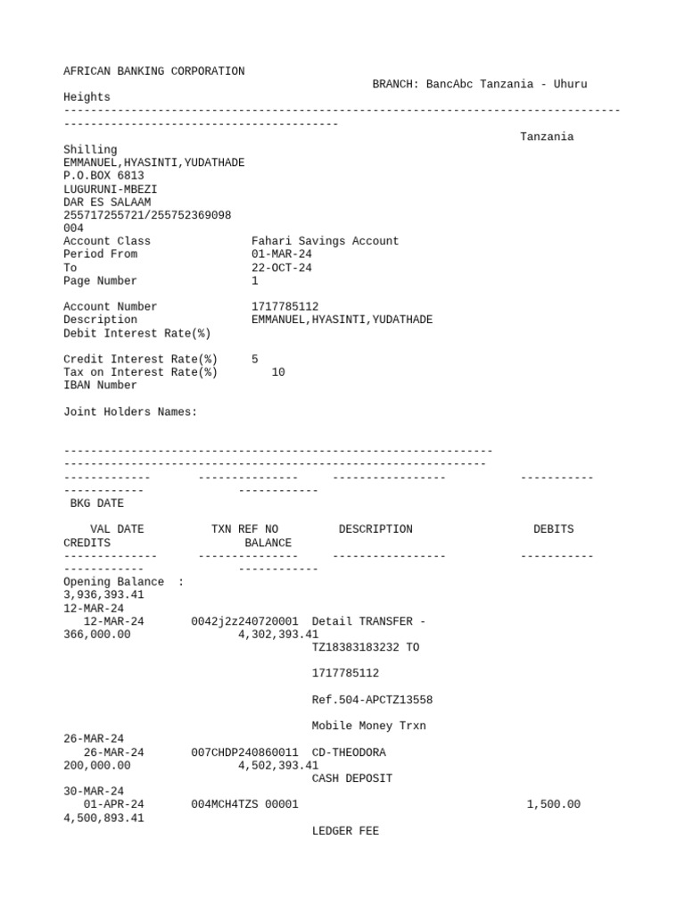 BancABC Tanzania Savings Account Statement | PDF | Debits And Credits ...