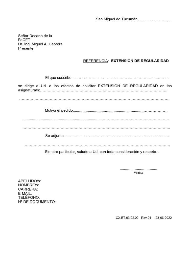 Solicitud de Extensión de Regularidad | PDF