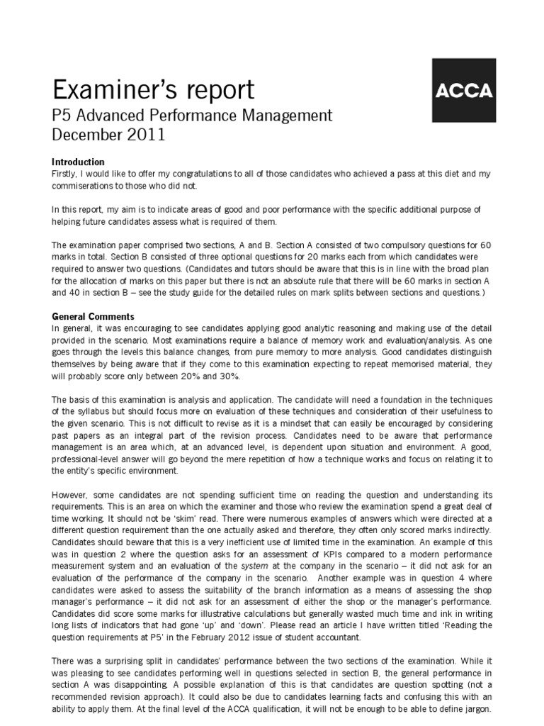 Examiner's Report P5 Advanced Performance Management December 2011 PDF