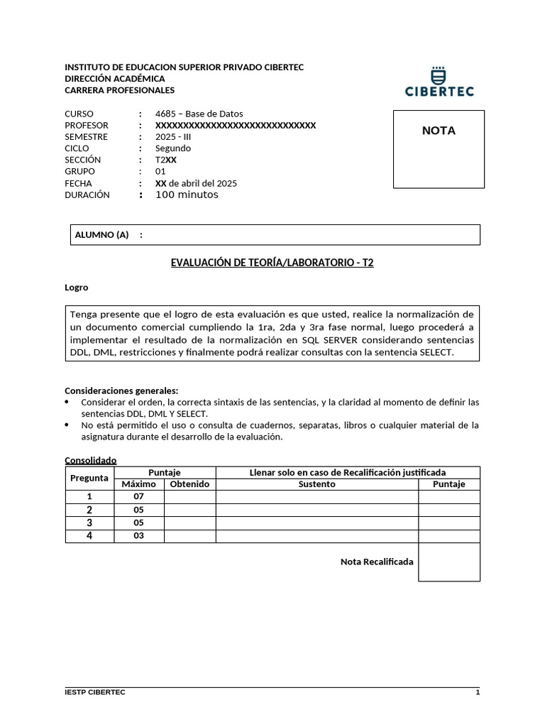 4685 Base de Datos T2XX XX T2 2025 Nombre y Apellidos (Docente) | PDF | SQL