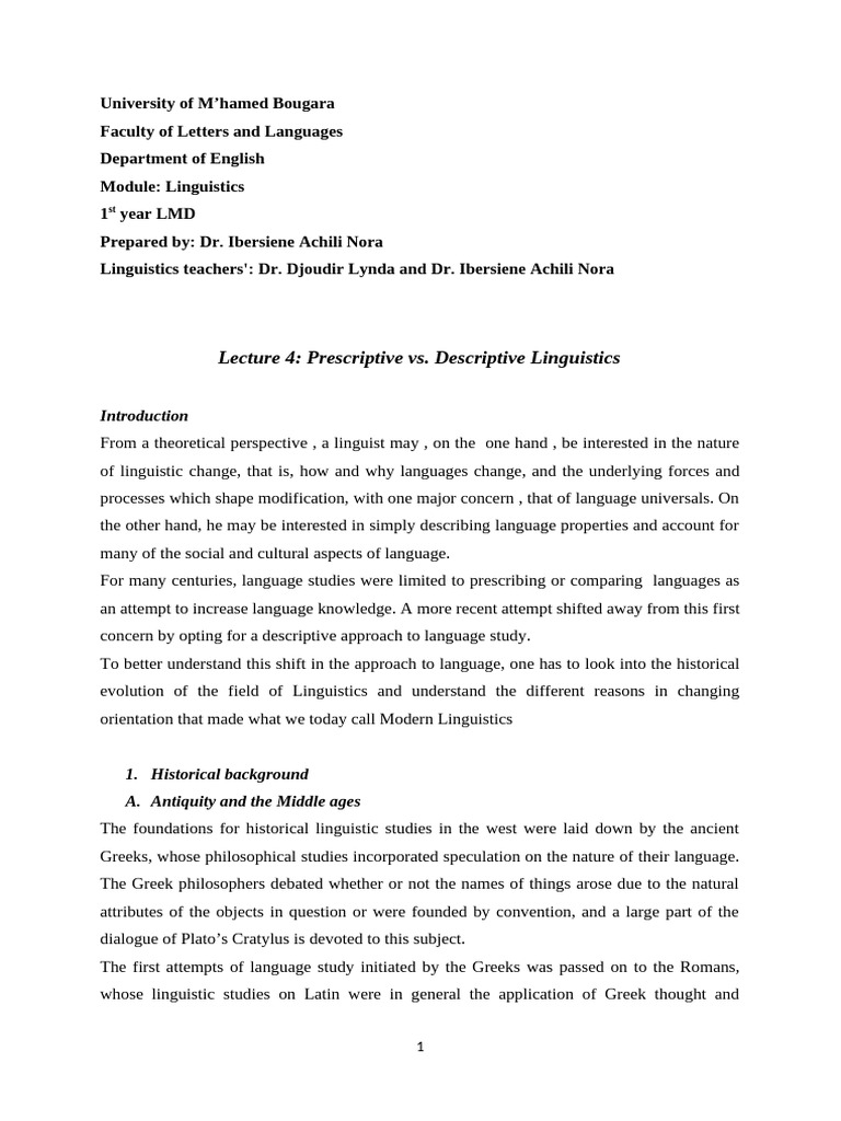 Lecture 4 Prescriptive vs. Descriptive Linguistics | PDF | Linguistics ...