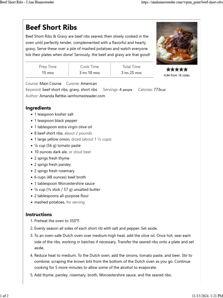 Beef Short Ribs with Hearty Gravy | PDF | Cooking | Beef
