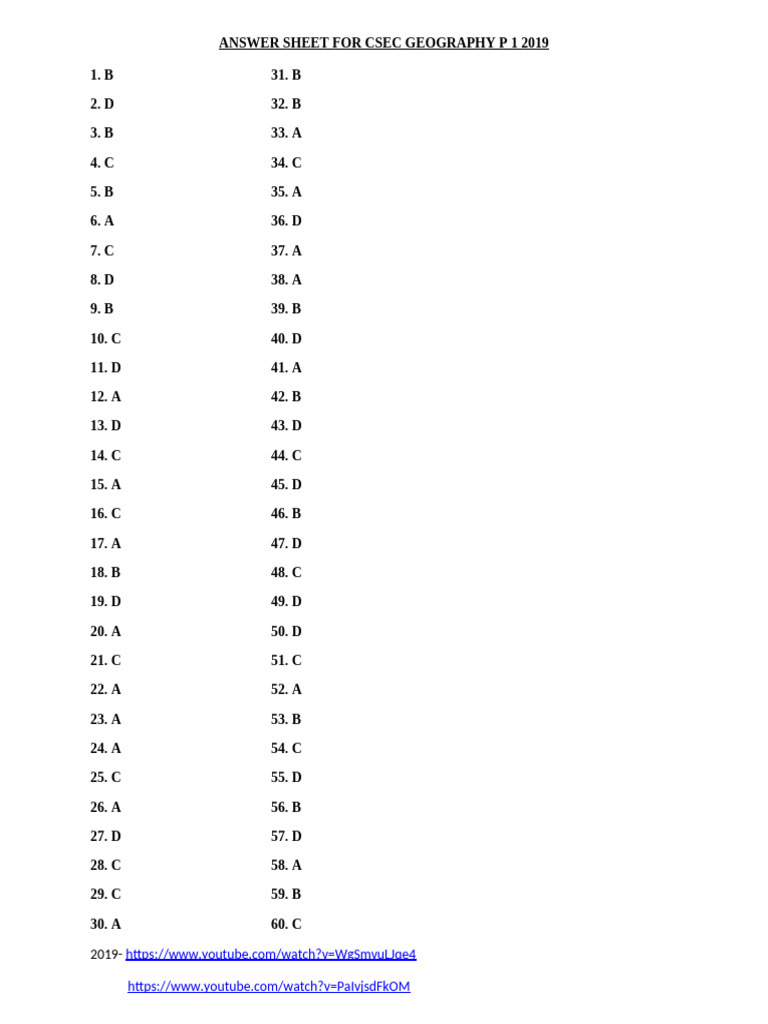 CSEC Geography P1 2019 Answer Key | PDF