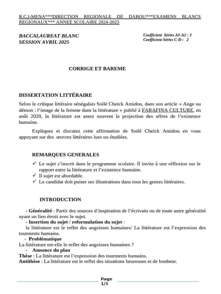 Corrig De Dissertation Litt raire Bac 2025 PDF
