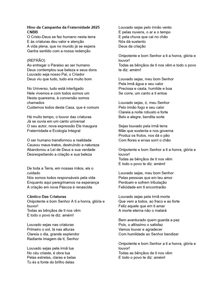 Hino da Campanha da Fraternidade 2025 | PDF | Deus | Amor