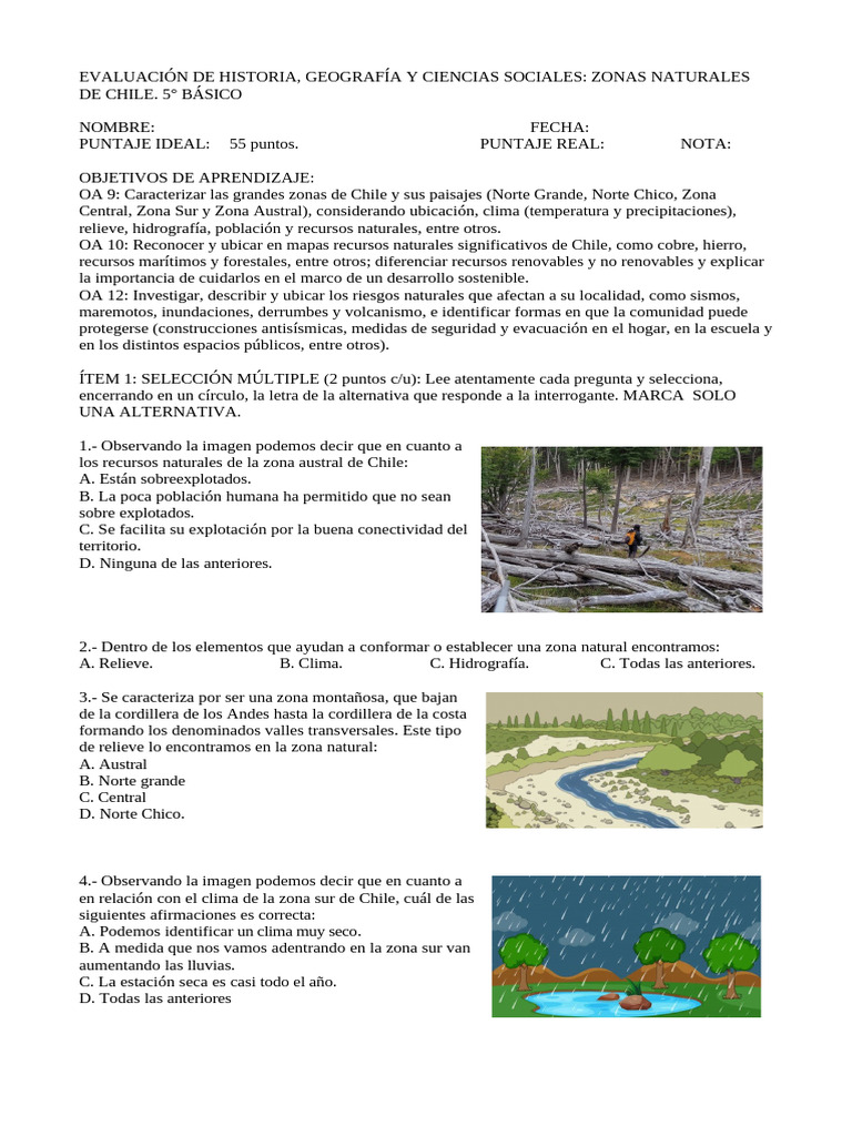 Zonas Naturales de Chile: Evaluación 5° Básico | PDF | Chile | Clima