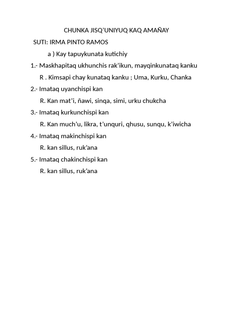 Chunka Jisq'Uniyuq Kaq Amañay | PDF