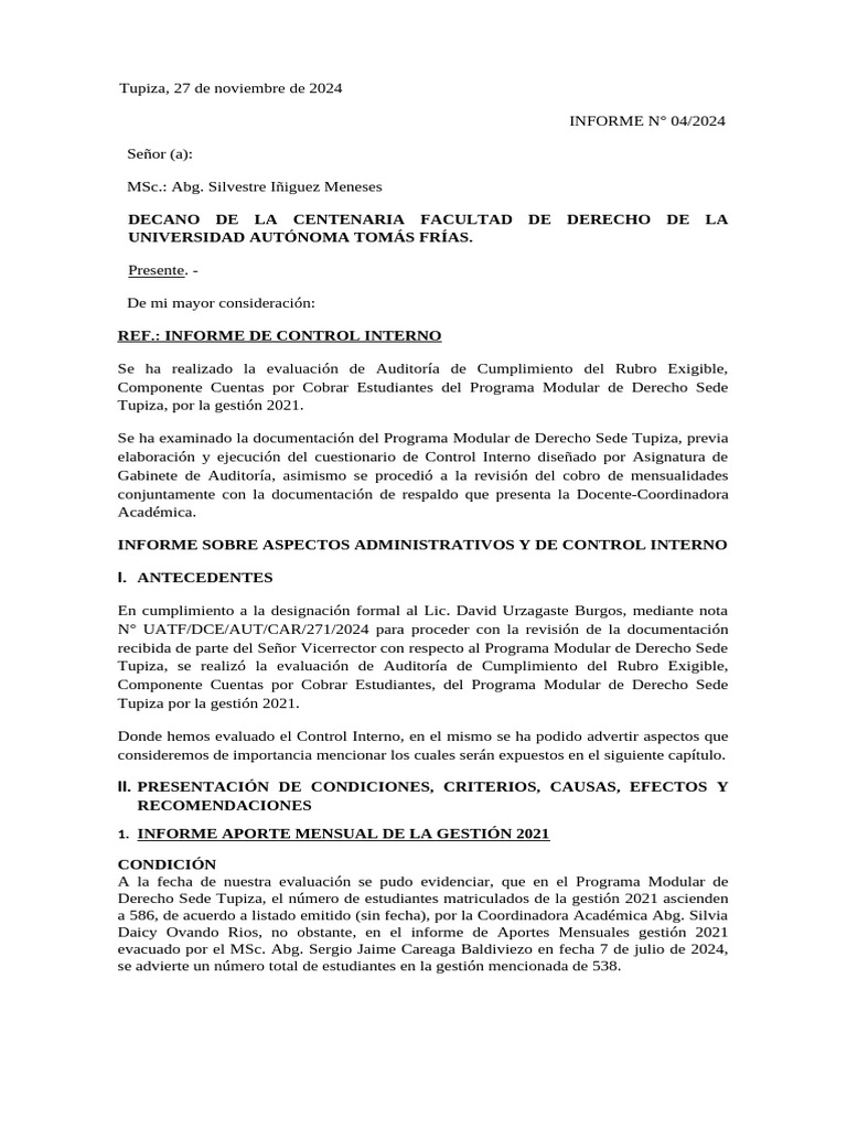 Informe de Control Interno UATF 2021 | PDF | Auditoría