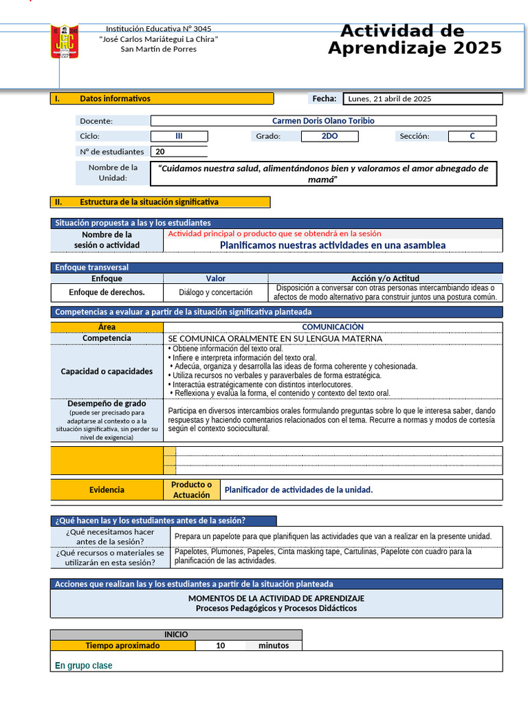 Planificación de Actividades en Aula | PDF | Salón de clases ...