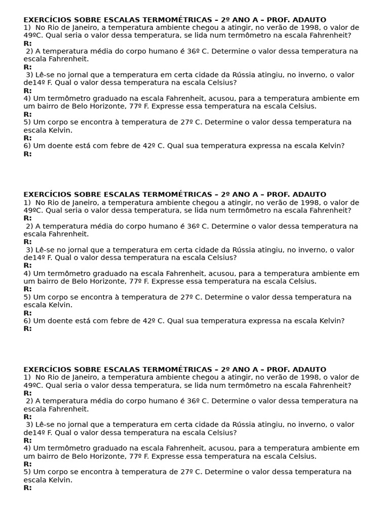 Exercícios de Termometria para 2º Ano | PDF | Temperatura | Celsius