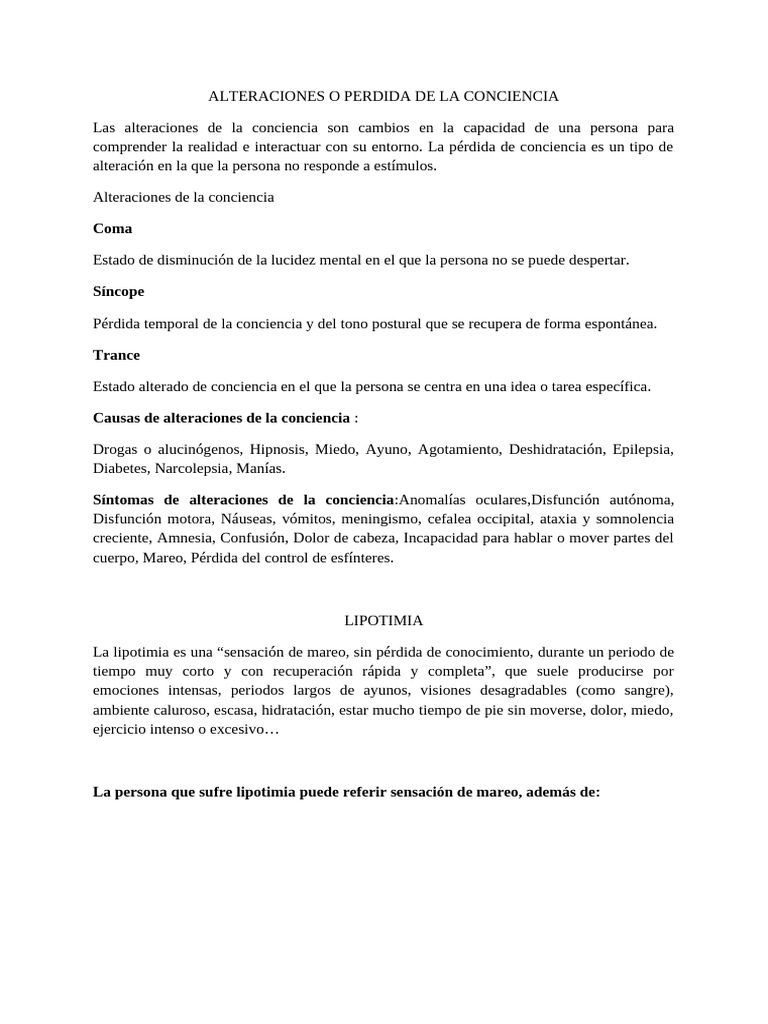 Alteraciones de la Conciencia y Síntomas | PDF | Presión sanguínea ...