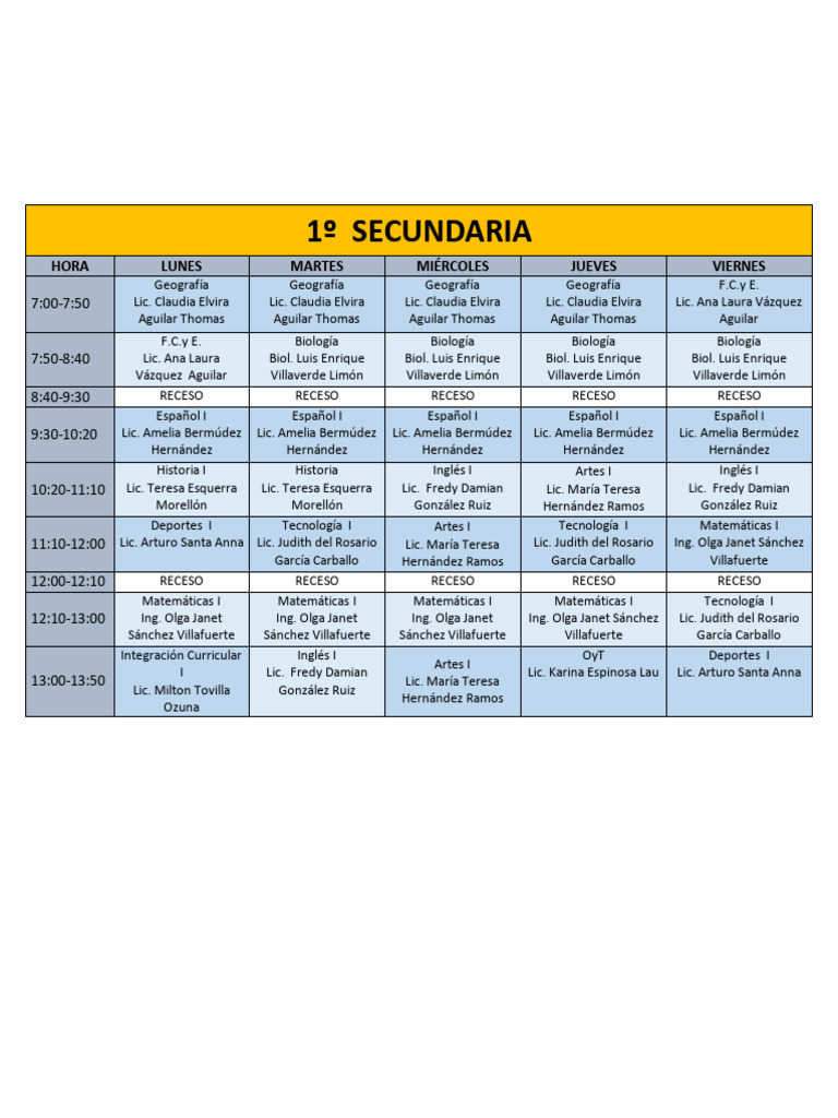 Horario de Clases 1º Secundaria | PDF