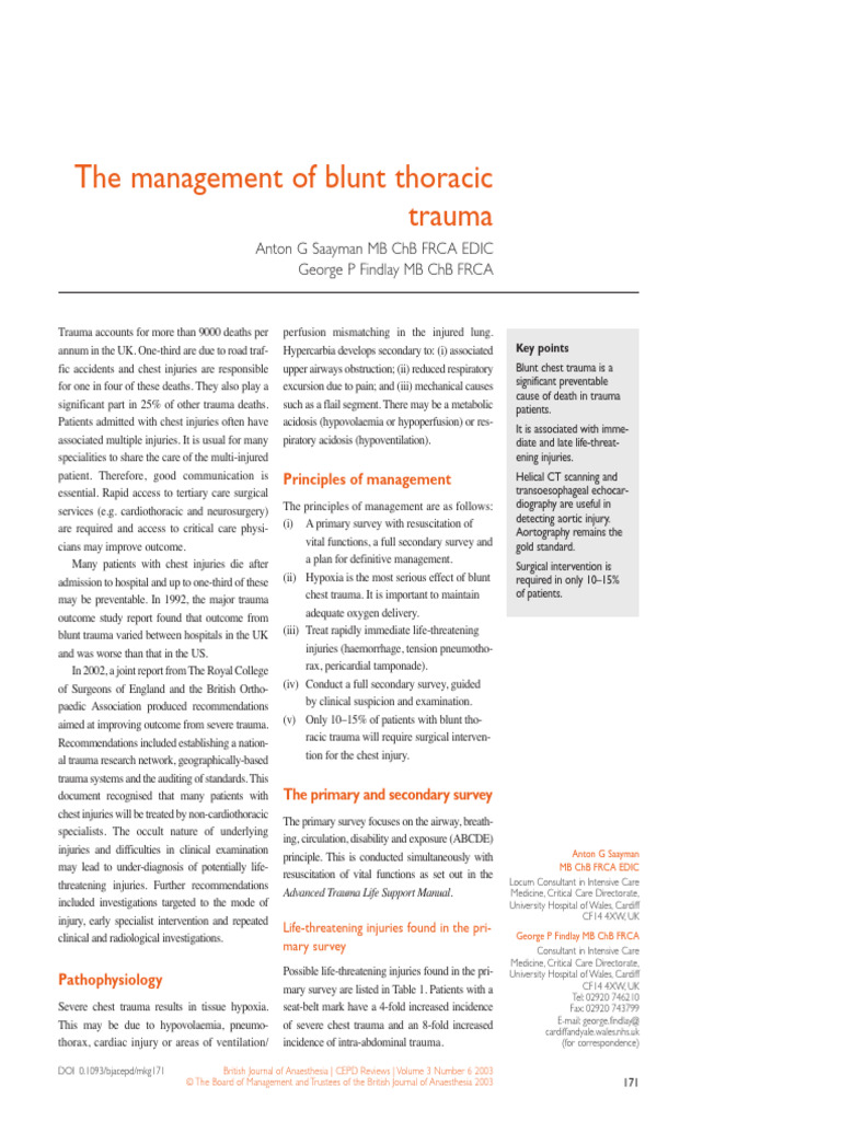 The Management of Blunt Thoracic Trauma | PDF | Major Trauma | Thorax