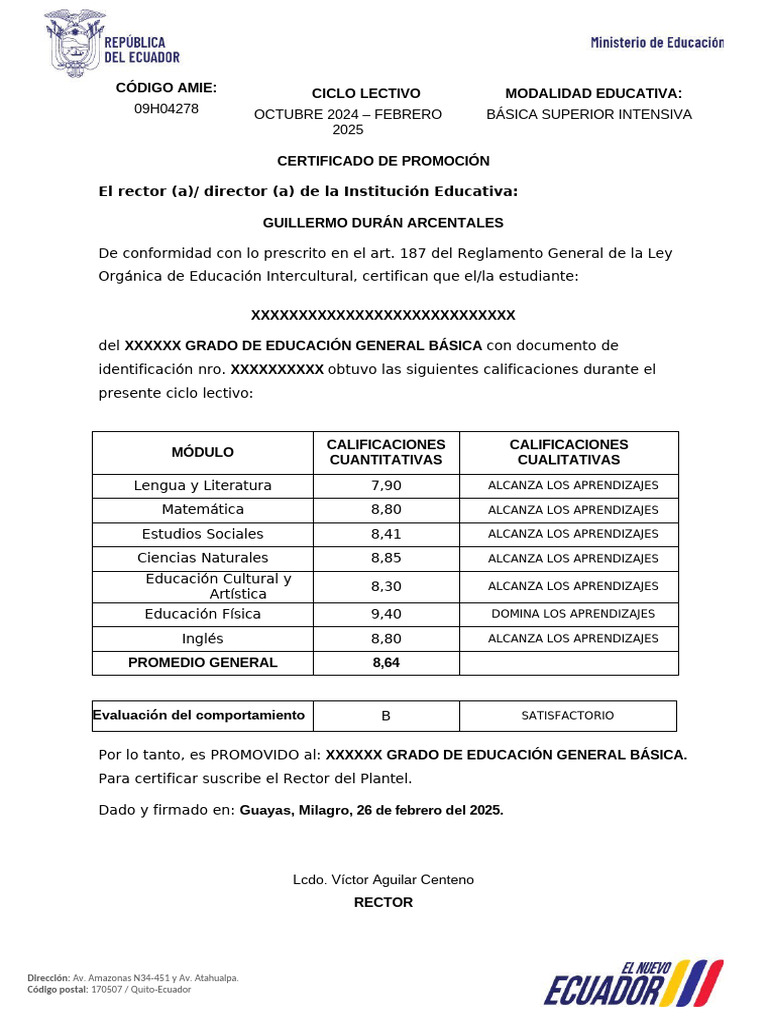 Certificado de Promoción Escolar 2025 | PDF