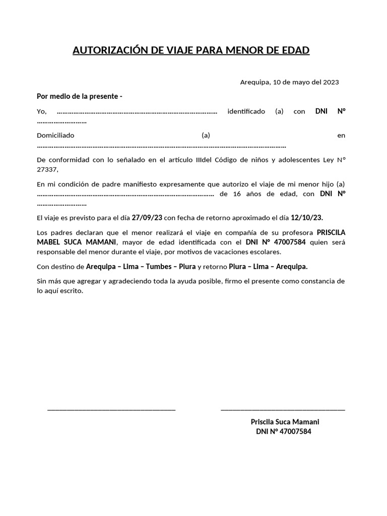 Autorización de Viaje para Menor de Edad | PDF