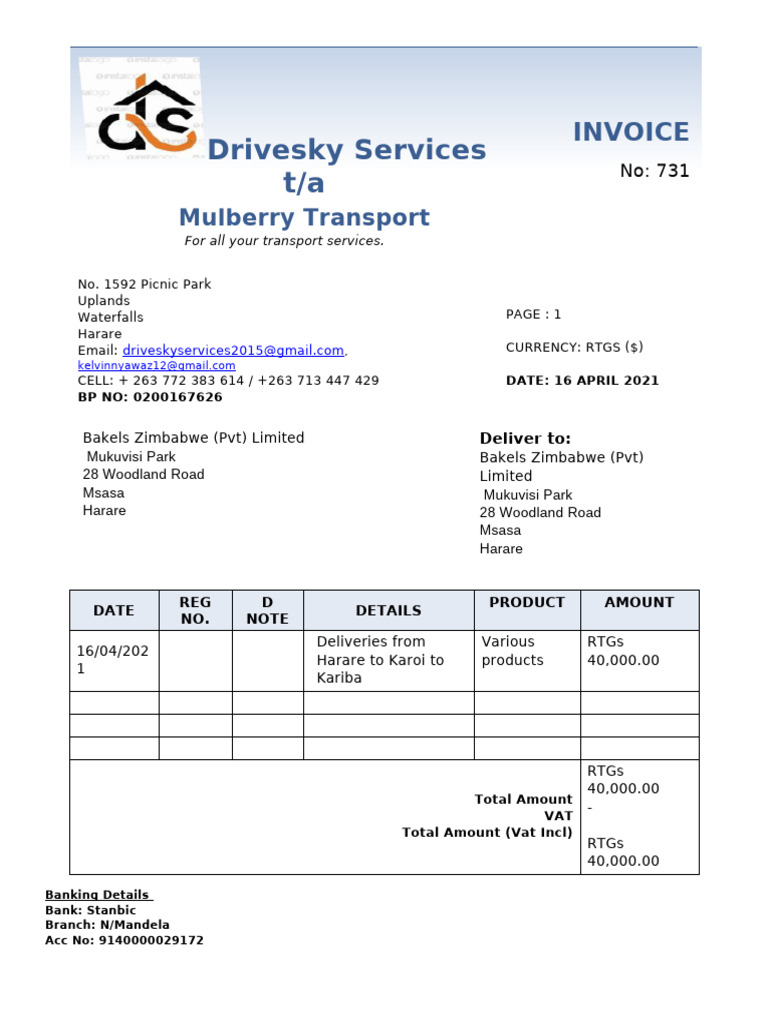 Invoice 731 To Bakels Harare-1 | PDF