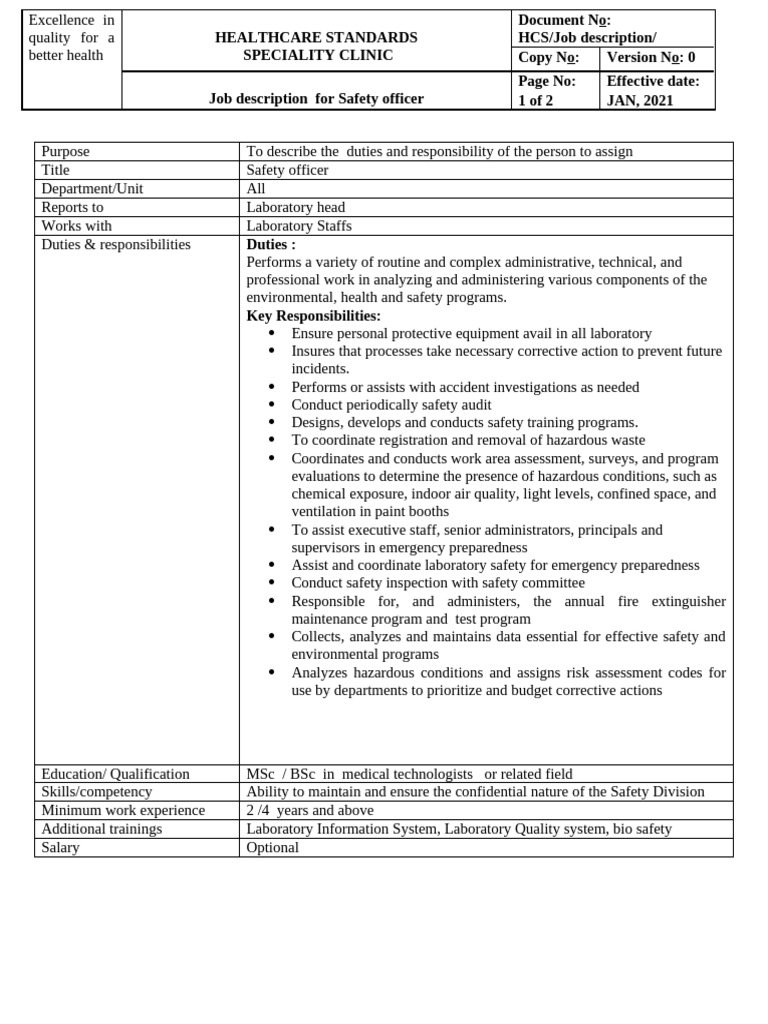 Safety Officer Job Description | PDF | Laboratories | Safety