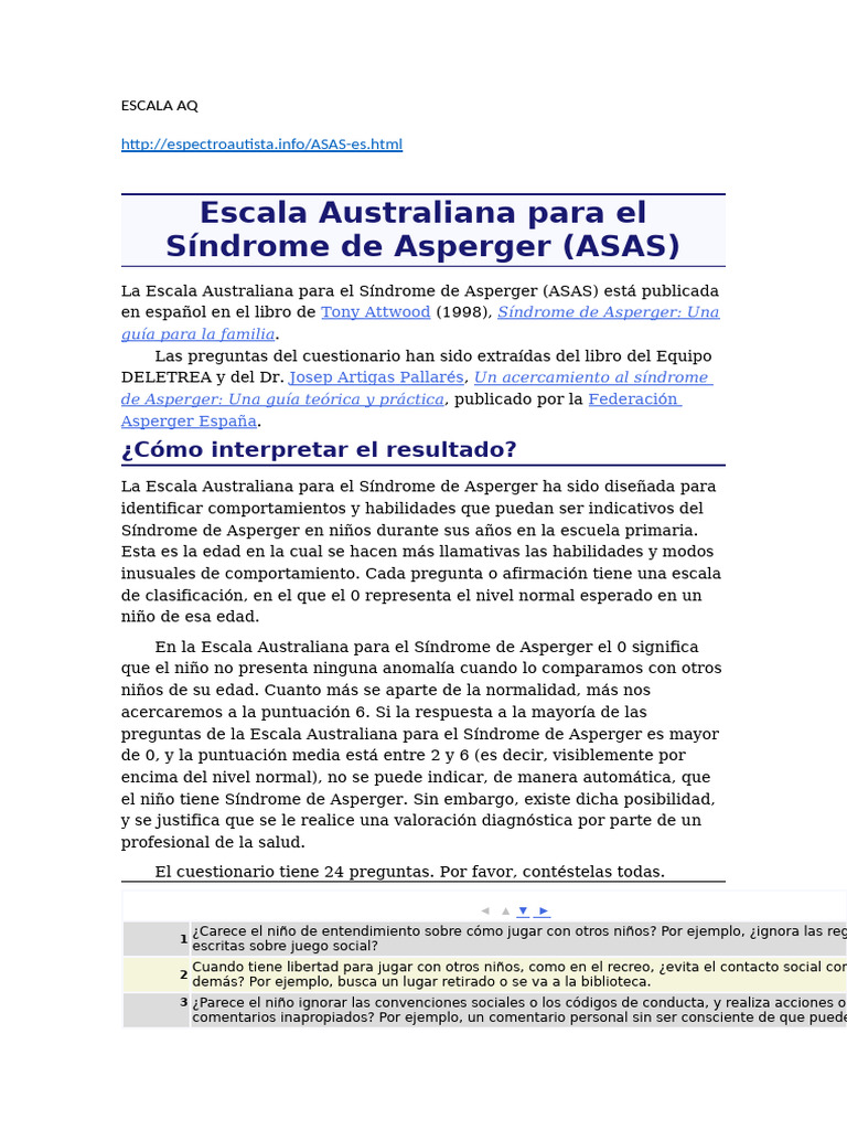 Escala AQ para Síndrome de Asperger | PDF | Síndrome de Asperger | Las ...