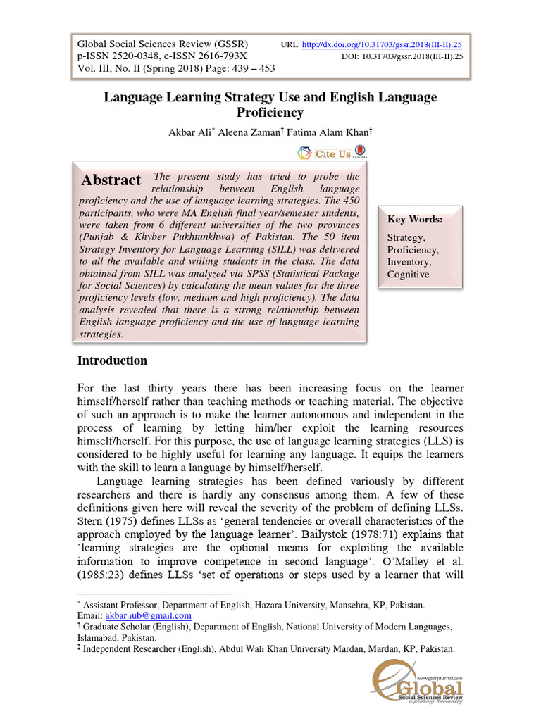 Language Learning Strategy Use and Engli | PDF | English As A Second Or ...