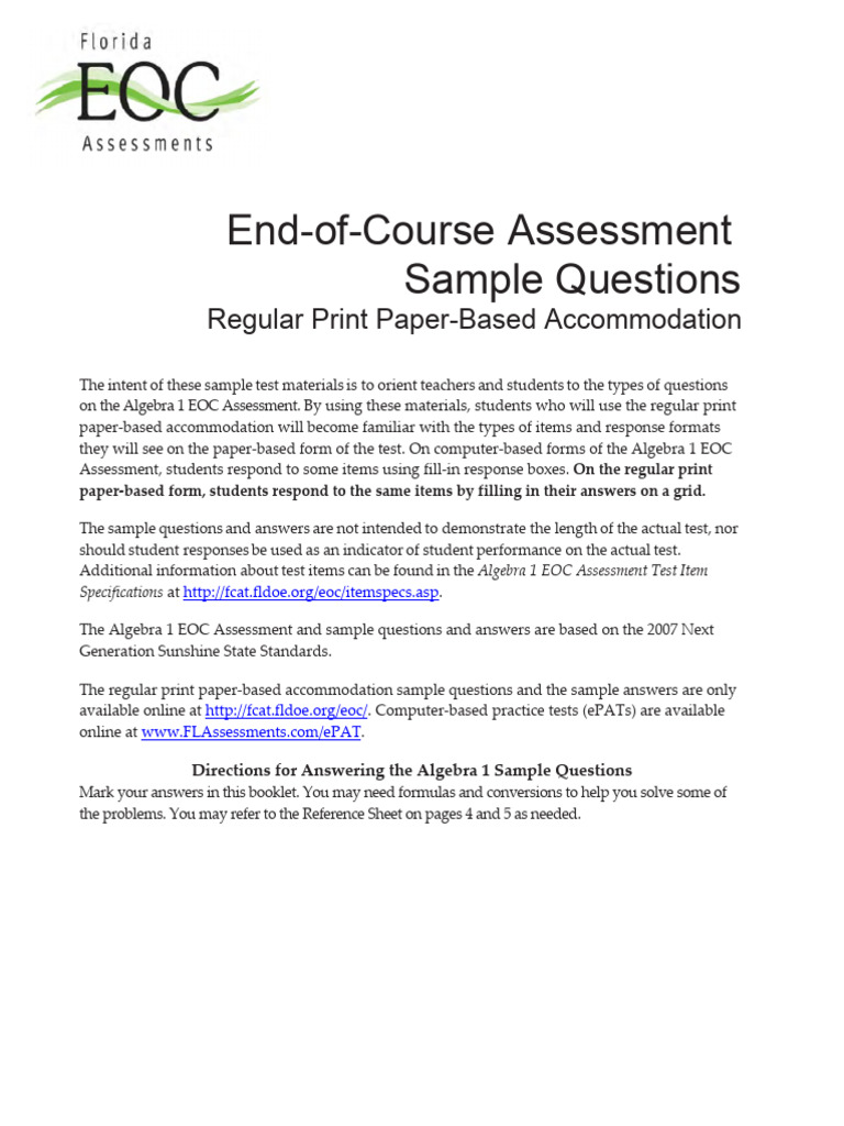 Algebra 1 EOC Sample Questions | PDF | Area | Pressure