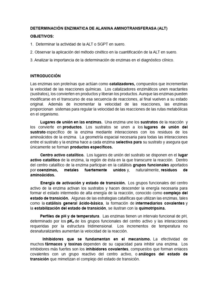 Determinación de ALT en Suero: Método Cinético | PDF | Transaminasa ...