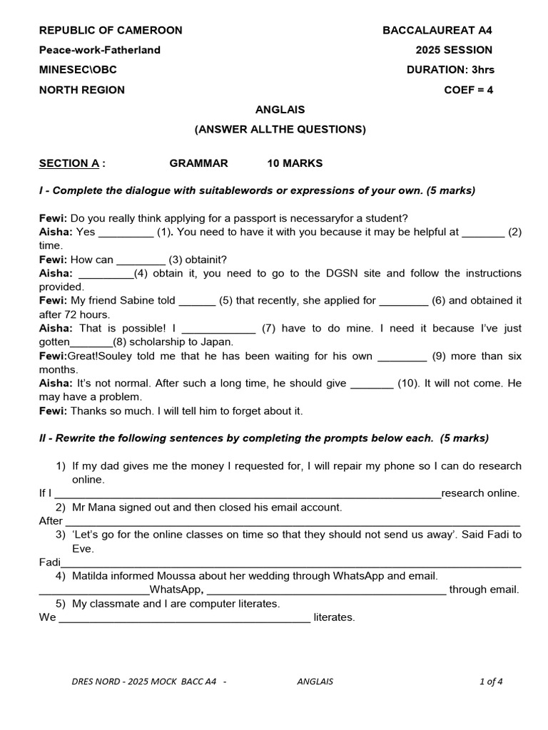 2025 Cameroon Baccalaureate English Exam | PDF | Teachers | Disciplines