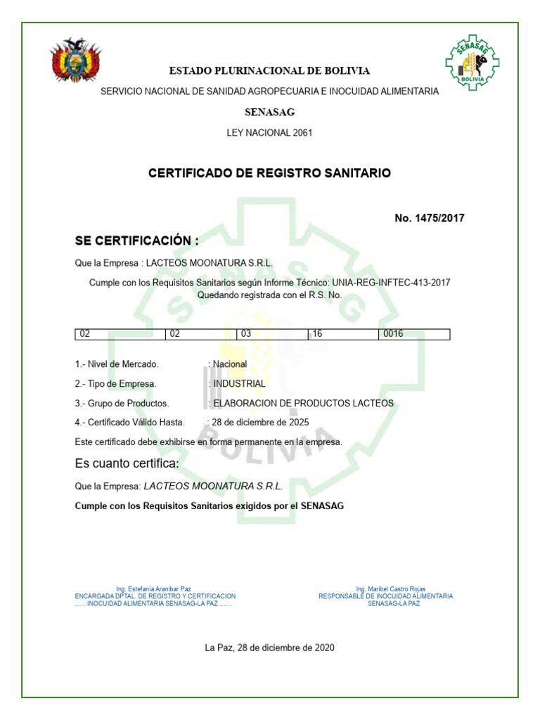 Certificado de Registro Sanitario SENASAG | PDF