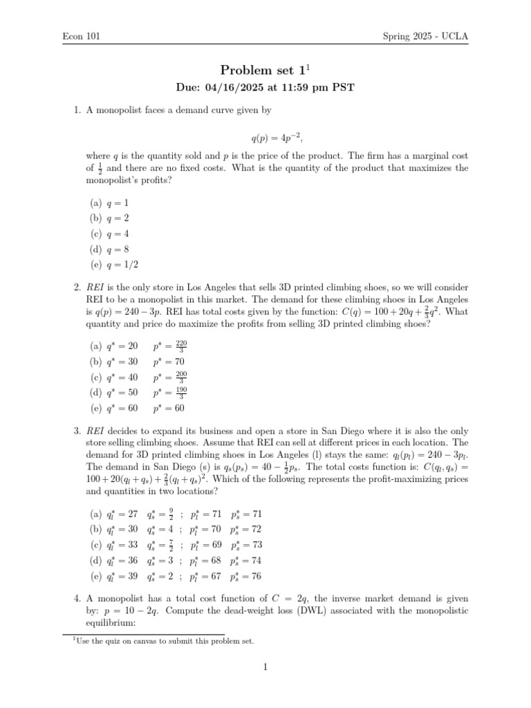 UCLA Econ 101 Spring 2025 Problem Set 11 | PDF | Monopoly | Economics