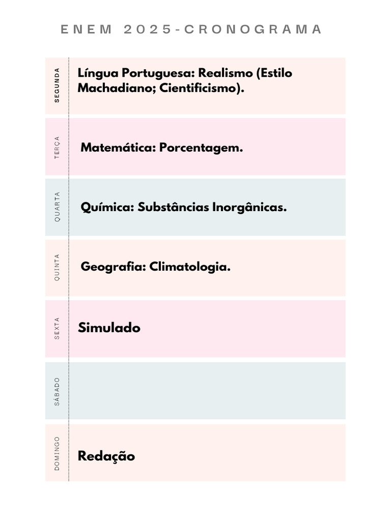 Cronograma ENEM 2025: Conteúdos por Dia | PDF