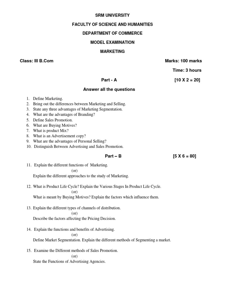 B.Com Marketing Model Exam Questions | PDF