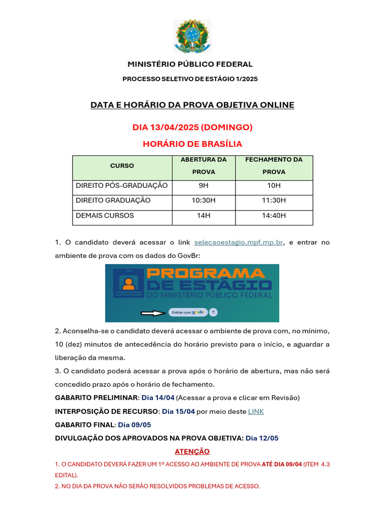 Prova Online Estágio MPF 2025: Datas e Instruções | PDF