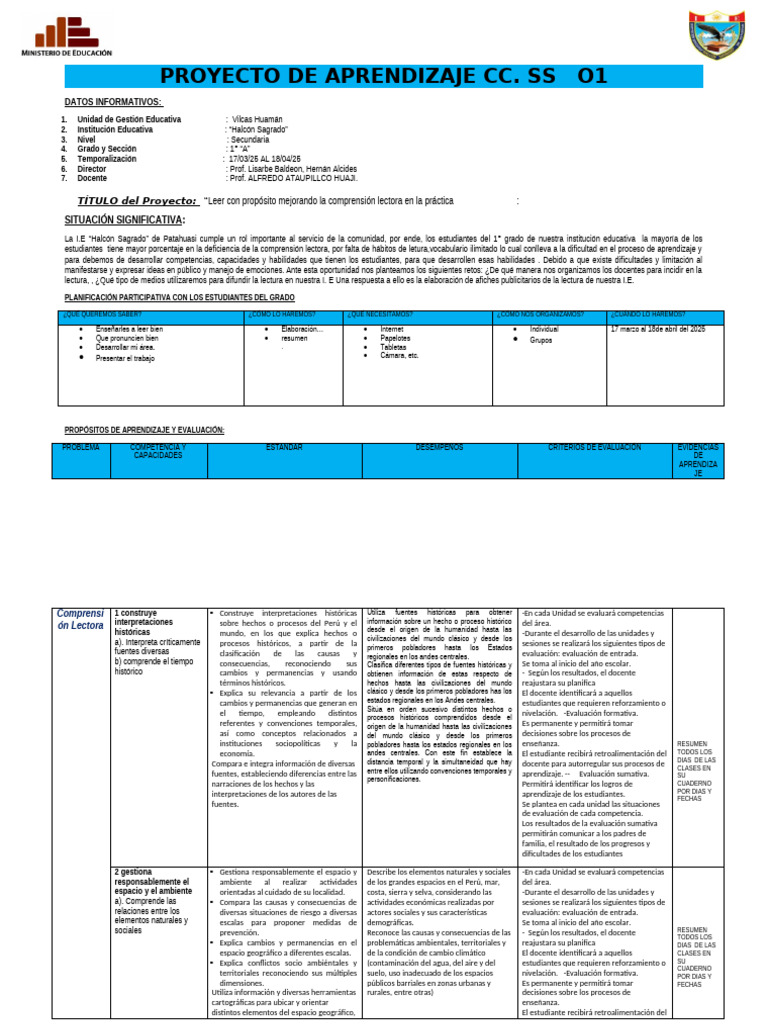 1er Año 1 Proyecto de Aprendizaje | PDF | Aprendizaje | Evaluación