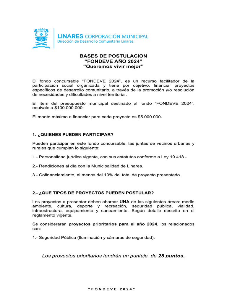 Convocatoria FONDEVE 2024 para Proyectos Comunitarios | PDF | Presupuesto