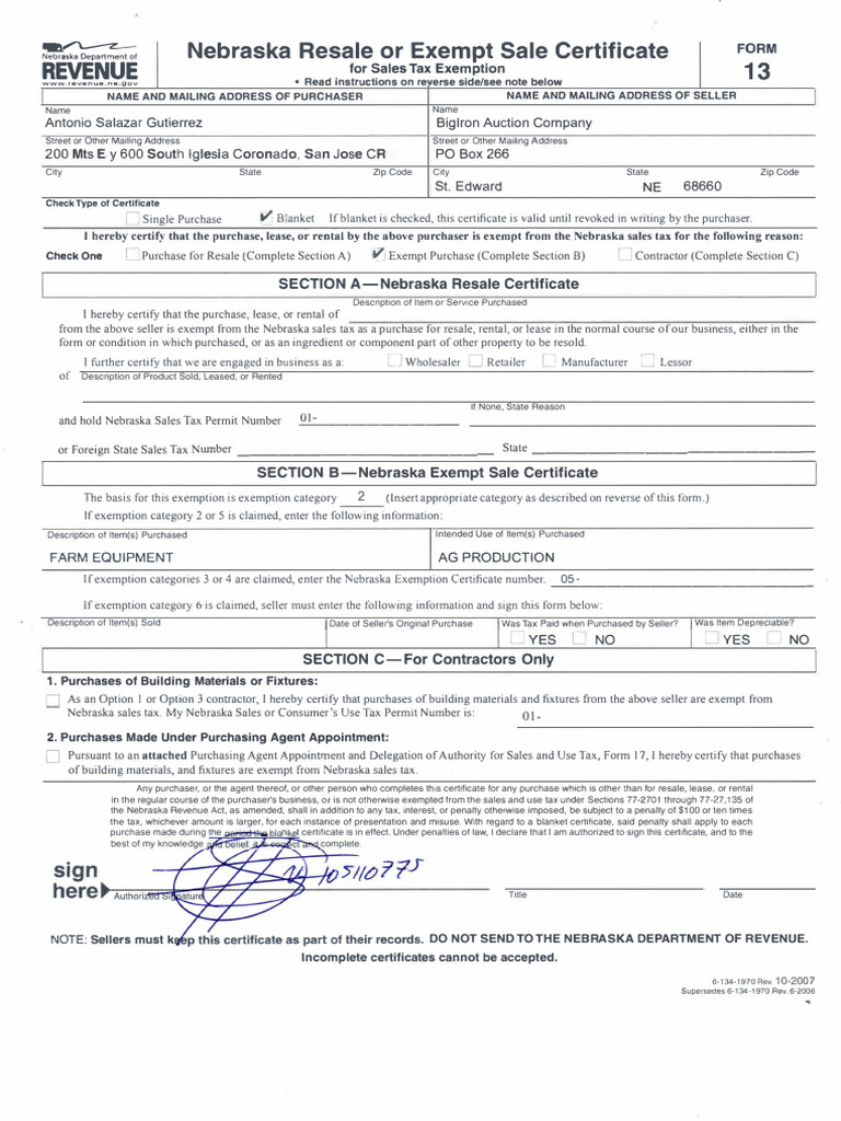 Nebraska Sales Tax Exemption Certificate | PDF | Use Tax | Sales Taxes ...